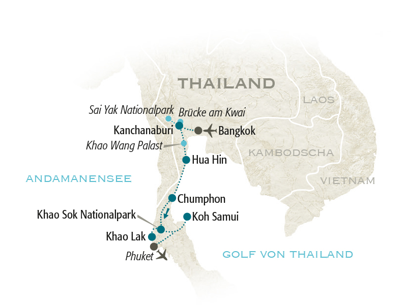 Thailand Rundreise mit Kindern - Familienreise durch den Süden Thailands - Reisekarte Thailand