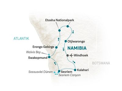 Namibia Familienreise - Namibia for family individuell 14 Tage mit Dachzelt - Karte 2022