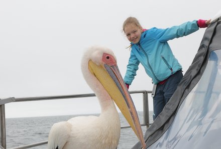 Namibia Familienreise individuell - Swakopmund - Katamaranfahrt - Pelikan an Bord