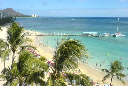 Hawaii Inselhopping for family individuell - Familienreise Hawaii mit Kindern - Waikiki Beach mit PalmenHawaii Inselhopping for family individuell - Familienreise Hawaii mit Kindern - Waikiki Beach mit Palmen