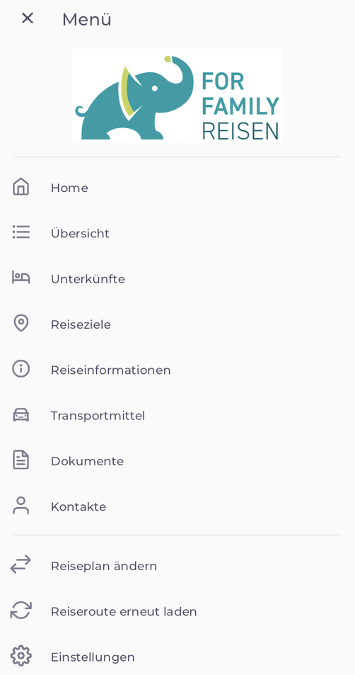 For Family Reisen Reiseunterlagen - TravelKey-App Menü