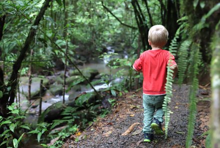 Familienurlaub Costa Rica - Costa Rica Abenteuer Regenwald und Karibik - La Tigra - Kleinkind auf Wanderweg