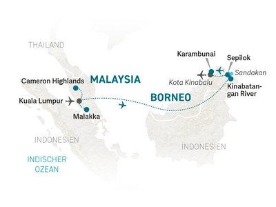 Indonesien Familienreise - Malaysia for family individuell - Reiseroute 2025